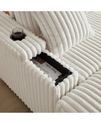 84" Corduroy 3-Seater Sofa w/ Pillows, Ottomans, Storage & Cup Holders