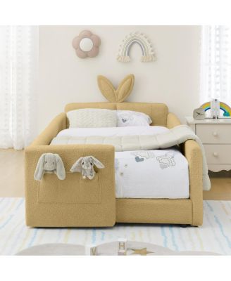 Twin Size Upholstered Platform Bed with Rabbit Ear Headboard & Safety Rail