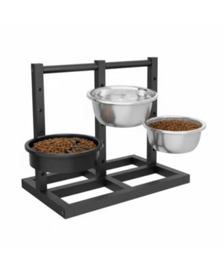 Dual Sided Elevated Dog Stand 5 Adjustable Heights 3 Bowls Slow Feeder Stainless Steel Non Slip