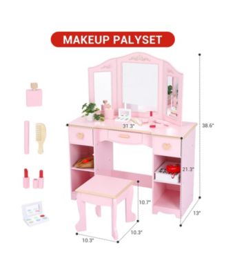 Kids Pretend Play Vanity Set with Tri-Fold Mirror and Stool