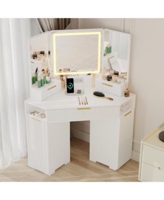 Fluted Wood Corner Vanity Desk with Lighted Mirror, Drawers, Cabinets and Charging Station