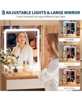 Makeup Vanity Set with Foldable Lighted Mirror, Drawers and Cushioned Stool