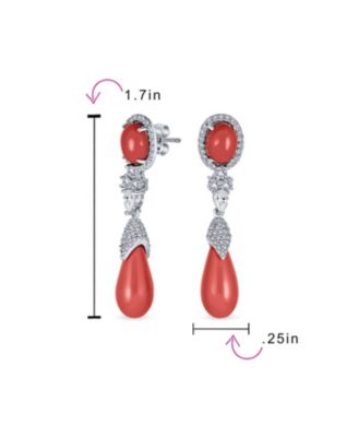 Classic CZ Accent Pink Orange Stone Teardrop Dangle Chandelier Earrings Silver Plated