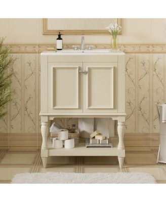 24" Bathroom Vanity with Ceramic Sink, Solid Wood Legs, Carved Palace Style Cabinet, Open Shelf for Small Bathroom