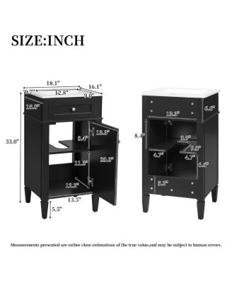 18" Bathroom Vanity with Ceramic Sink, Compact MDF Storage, Soft Close Door, Modern French Style for Small Bathroom