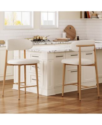 Set of 2 Counter Height Bar Stools, Upholstered Modern Barstools with Metal Legs