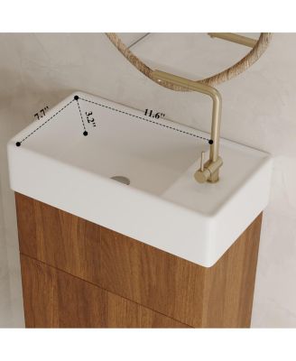 17.6" Small Floating Bathroom Vanity with Ceramic Sink, Walnut Wall Mounted Soft-Close Cabinet for Small Bathroom