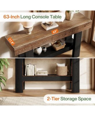 2-Tier Solid Wood Black Console Table for Entryway, Long Narrow Sofa Table Behind Couch