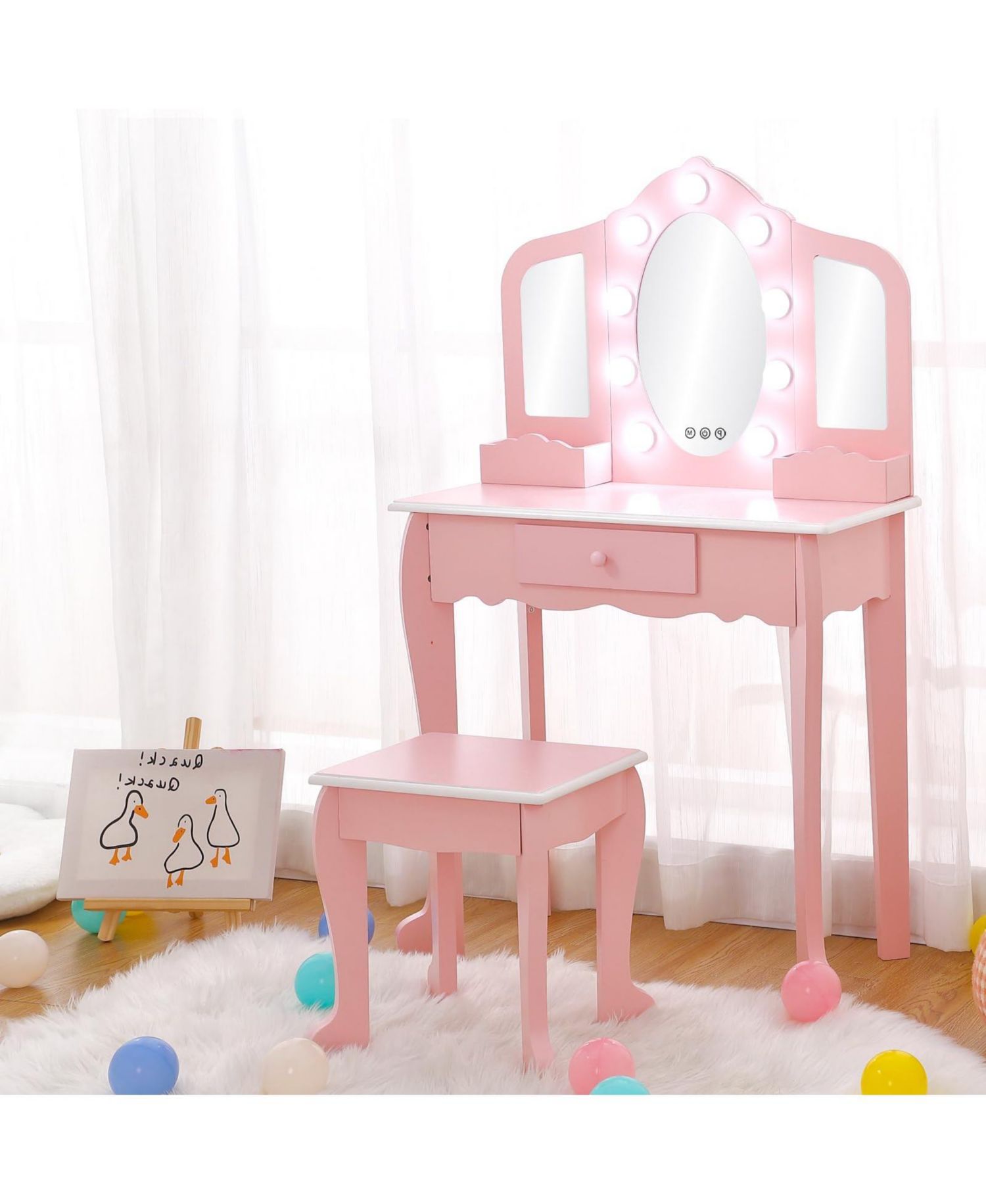 Toddler Vanity Set with 3-Panel Mirror and Stool