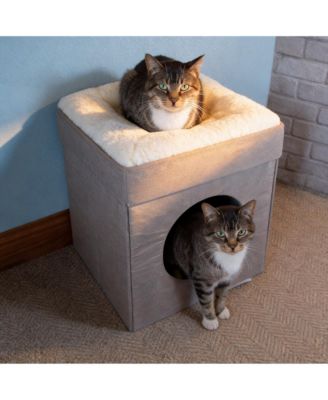 2 in 1 Cat Cube Bed Lounging Platform Foldable Portable with Washable Cushions