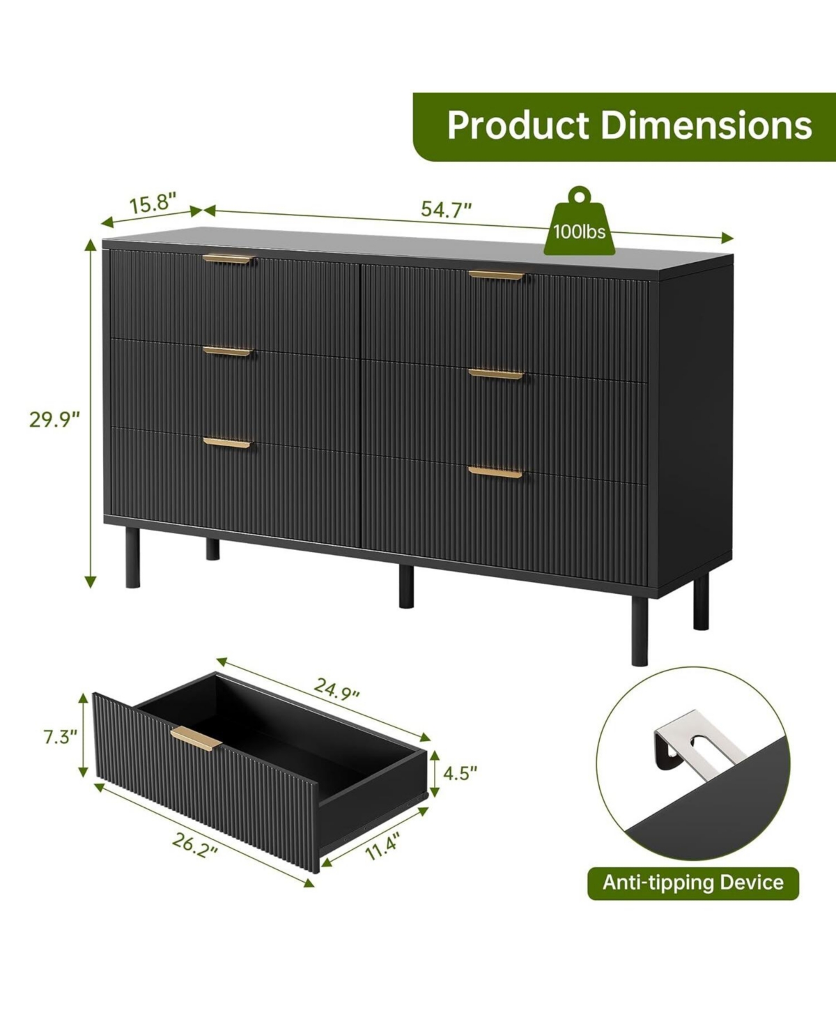 gaomon 6 Drawer Wave Fluted Dresser, Wide Modern Wood Chest with Metal Legs and Handles