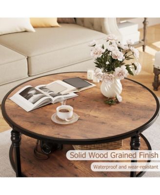 31" Round Industrial 2-Tier Wood Coffee Table with Open Storage Shelf