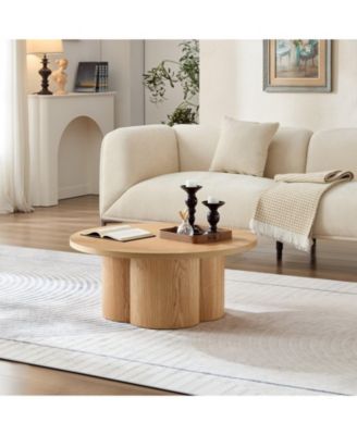 Modern Round Coffee Table with Curved Legs, Natural Wood Veneer Accent for Living Room, Bedroom, Apartment