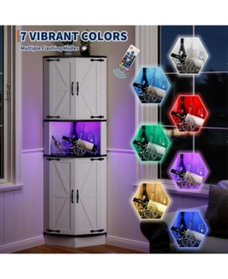 64.6" Farmhouse Corner Cabinet with LED Light, Tall Bathroom Cabinet with 4 Barn Doors and 5 Tier Shelves, Freestanding Corner Bar Cabinet