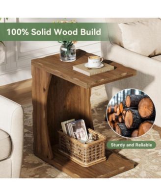 C-Shaped End Table for Living Room, Solid Wood Narrow Skinny Side Table, Farmhouse Bedside Nightstand