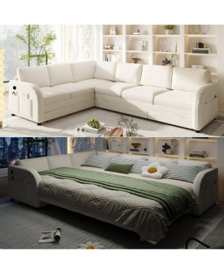 Streamdale L-Shaped Sofa Couch with Pull-Out Bed & USB Port, Teddy Upholstered Sectional