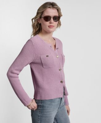 Women's Long-Sleeve Tuck Stitch Crewneck Cardigan