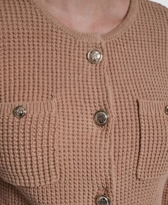 Women's Long-Sleeve Tuck Stitch Crewneck Cardigan