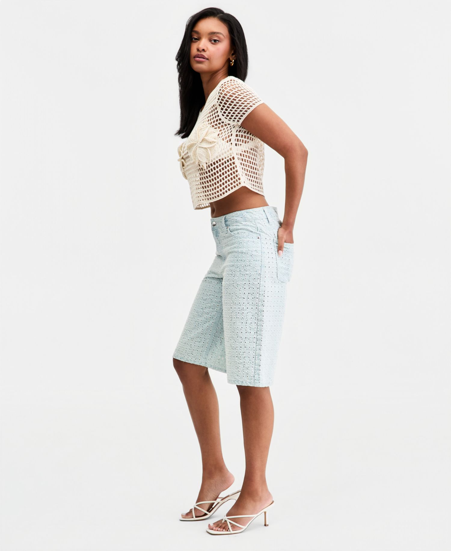 Women's Sequin Destructed Denim Bermuda Shorts