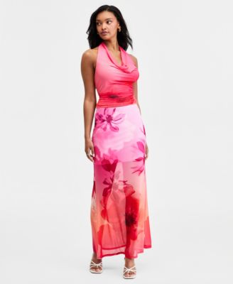 satin floral ombre halter neck cowl back maxi dress Lime Satin Floral Ombre Halter Neck Cowl Back Maxi Dress