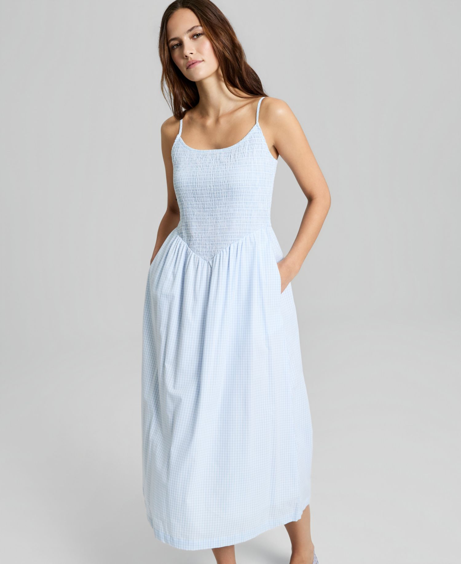 Women's Cotton Gingham Smocked Midi Dress