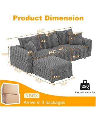 82.7" Corduroy Movable Ottoman 3 Seat Sofa