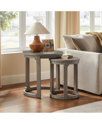 24" 2PC Curved Round Wooden Coffee Table Set, Mid Century Rustic Side/End Table