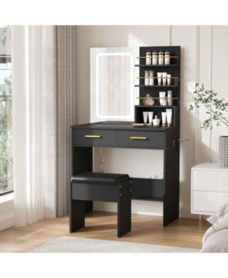 Makeup Vanity Set with Lighted Mirror, Chair, Drawers, Open Cabinet and Charging Station