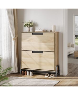 Shoe Storage Cabinet with 2 Flip Drawers & Metal Legs, Freestanding Narrow Organizer, Adjustable Shelf Entryway Shoe Rack for Hallway