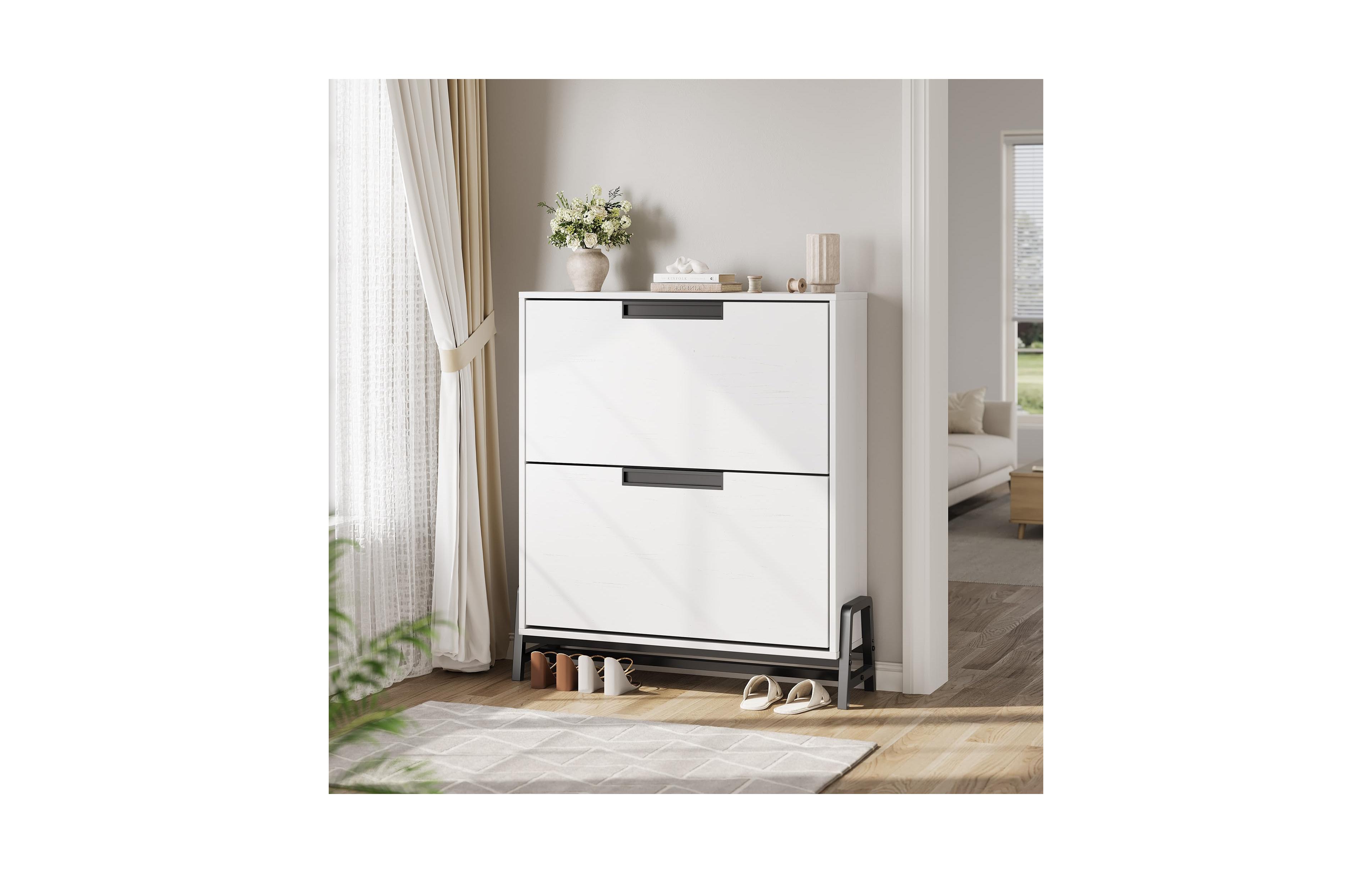 Homfan Shoe Storage Cabinet with 2 Flip Drawers & Metal Legs, Freestanding Narrow Organizer, Adjustable Shelf Entryway Rack for Hallway