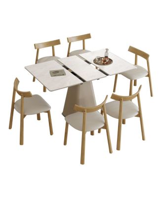 Retractable Rock Slab Dining Table Set, 7-Piece Expandable Table with 6 Chairs & Leather Base