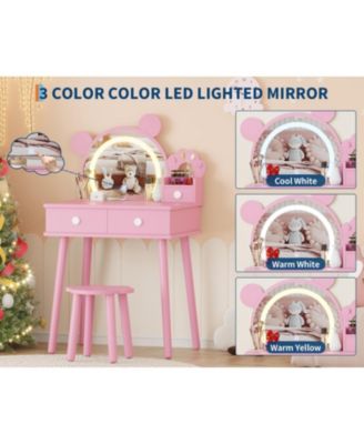 Kids Wooden Vanity Table and Chair Set with Touch Control Lighted Mirror and Drawers