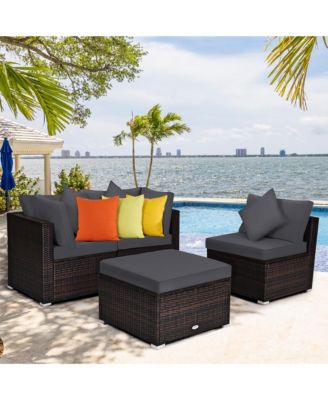 4PCS Patio Rattan Furniture Set Sofa Ottoman Cushion Garden Deck