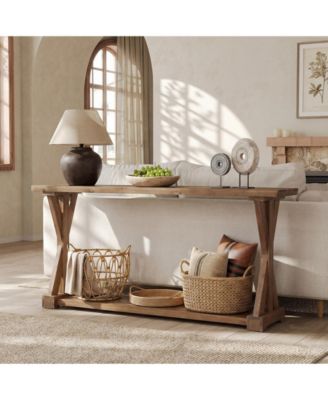 Solid Wood Console Table for Entryway, 63-Inch Narrow Farmhouse Entryway Table, 2-Tier Sofa Console Behind Couch