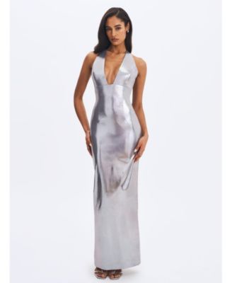 Women's Valeska Silver Foil Plunging Sheath Maxi Dress