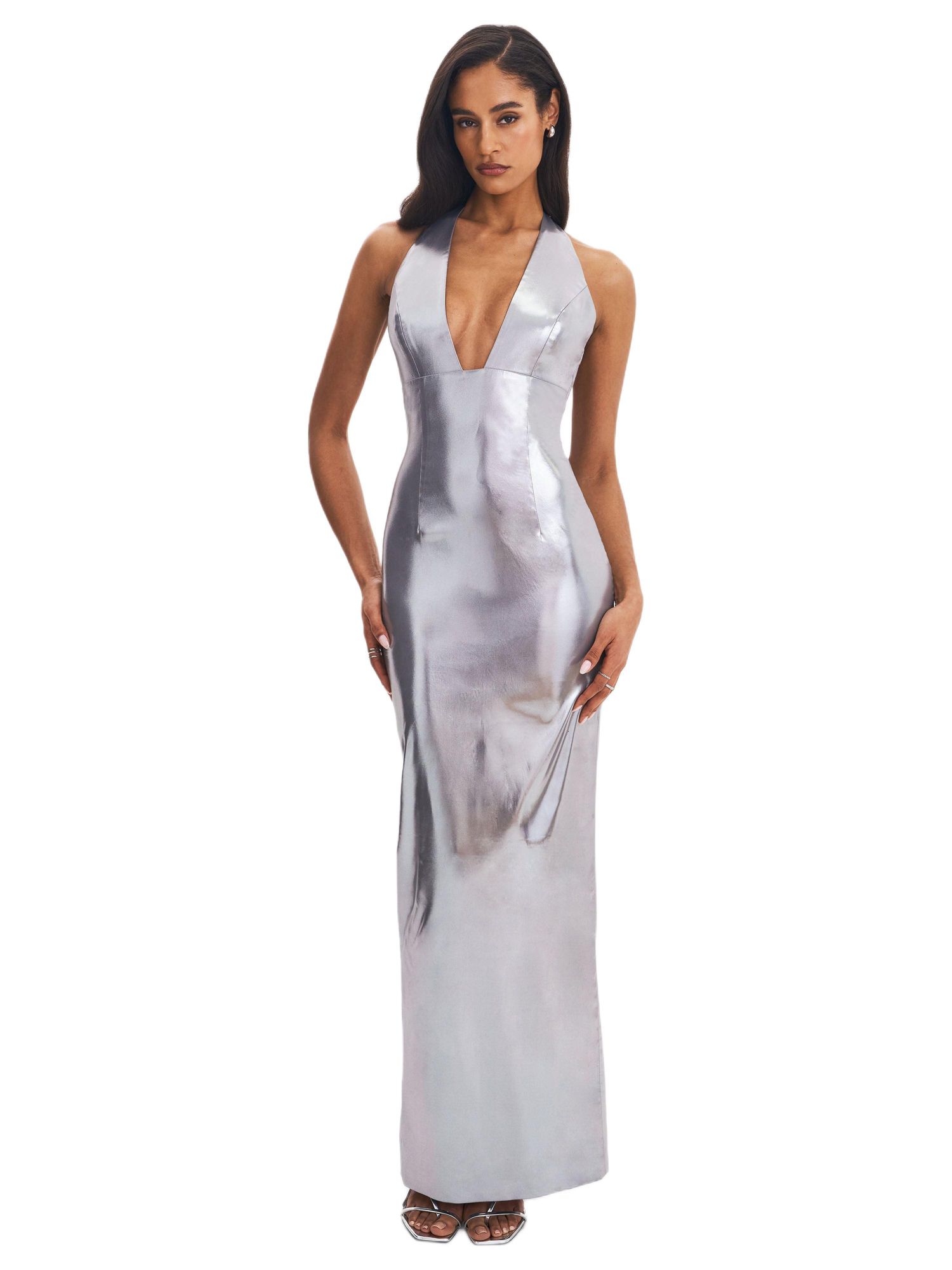 Women's Valeska Silver Foil Plunging Sheath Maxi Dress