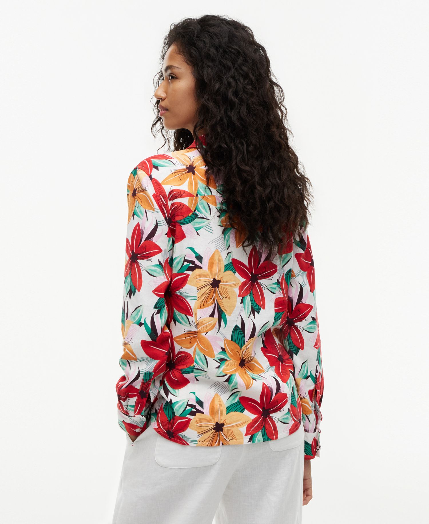 Women's Long-Sleeve Linen Blend Collared Printed Shirt