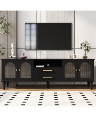  68.9" Retro TV Stand - Fluted Glass Doors, Wood Legs