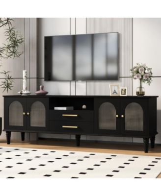  68.9" Retro TV Stand - Fluted Glass Doors, Wood Legs