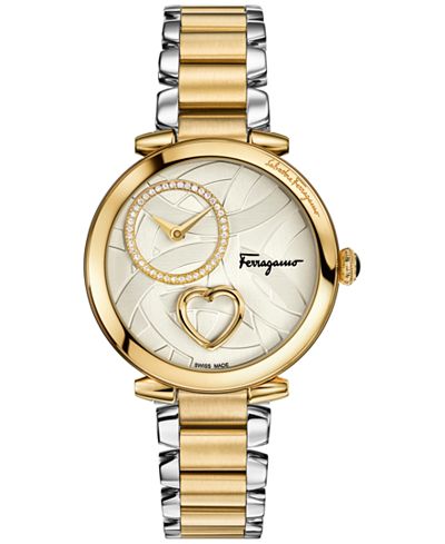 Ferragamo Women's Swiss Cuore Diamond (1/6 ct. t.w.) Two-Tone Ion-Plated Stainless Steel Bracelet Watch 39mm FE208 0016