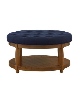 Large Tufted Linen Ottoman Coffee Table with Wood Shelf
