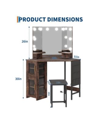 Corner Makeup Vanity Desk with LED Lighted Mirror, Storage Cabinet and Charging Station