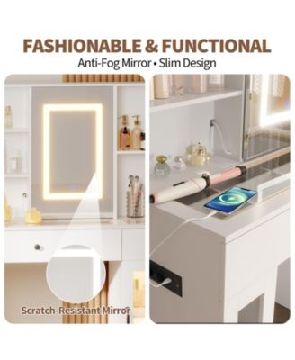Large Makeup Vanity Desk with 3-Color LED Sliding Mirror, Drawers and Power Outlets