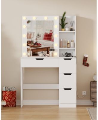 Modern Makeup Vanity Desk with Mirror, 4 Drawers, 3-Tier Storage and Power Outlet