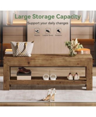 47.24" Solid Wood Entryway Bench, 2-Tier Narrow Rustic Wooden Shoe Bench