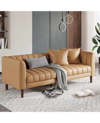 Modern 78" Faux Leather 3-Seater Sofa, Deep Seat with 2 Pillows, Wood Legs