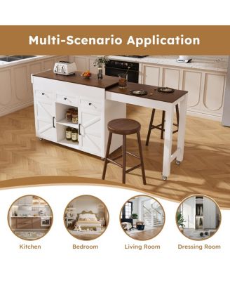 74.8" White Kitchen Island with Extendable Table, Power Outlet & Storage