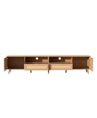 Rattan Cabinet TV Stand for TVs up to 90", Modern Farmhouse Media Console with Solid Wood Legs