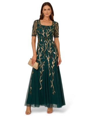 Women's Square-Neck Beaded Mesh Gown