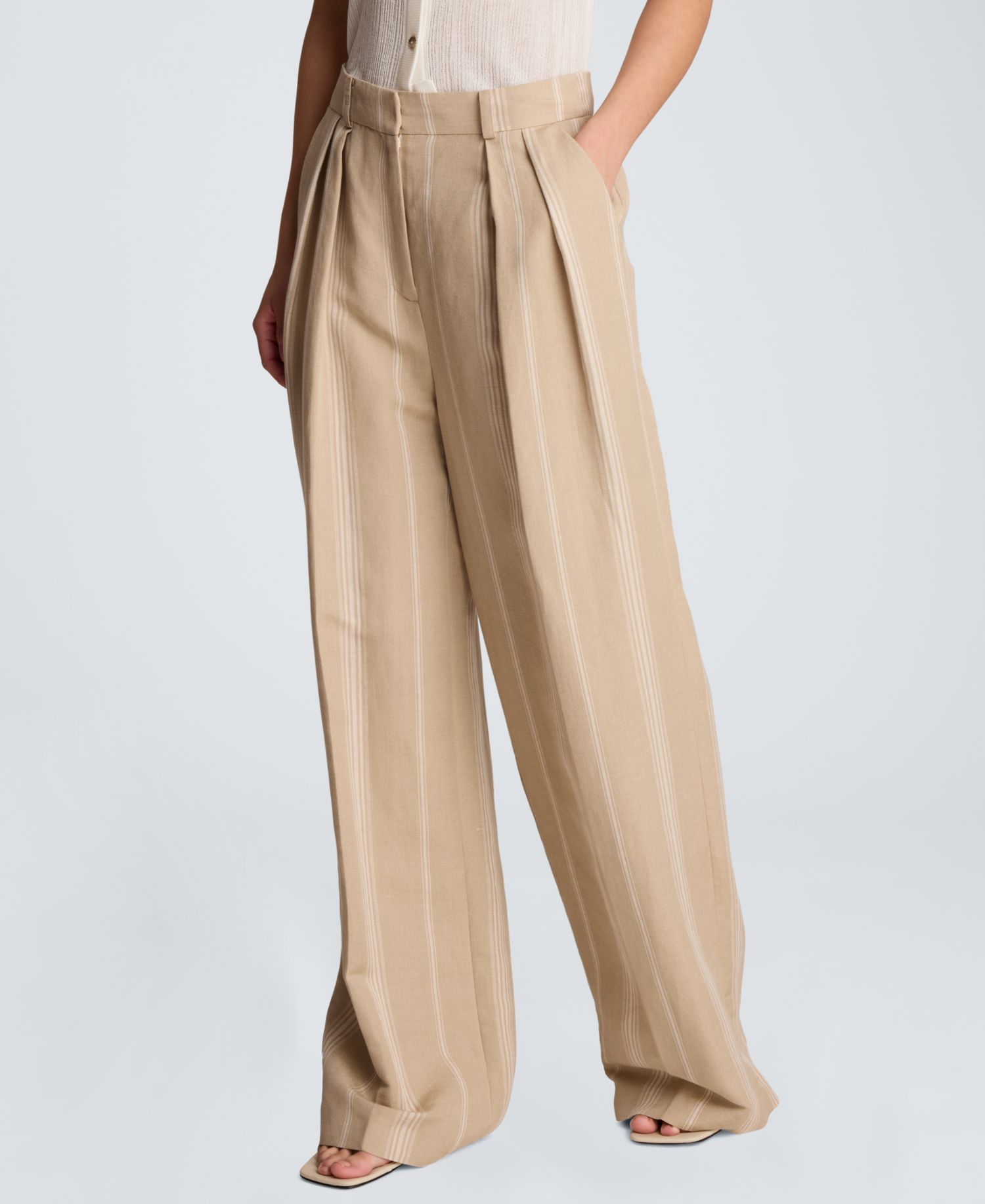 Women's High Rise Fly Front Pleated Wide Leg Linen Pants